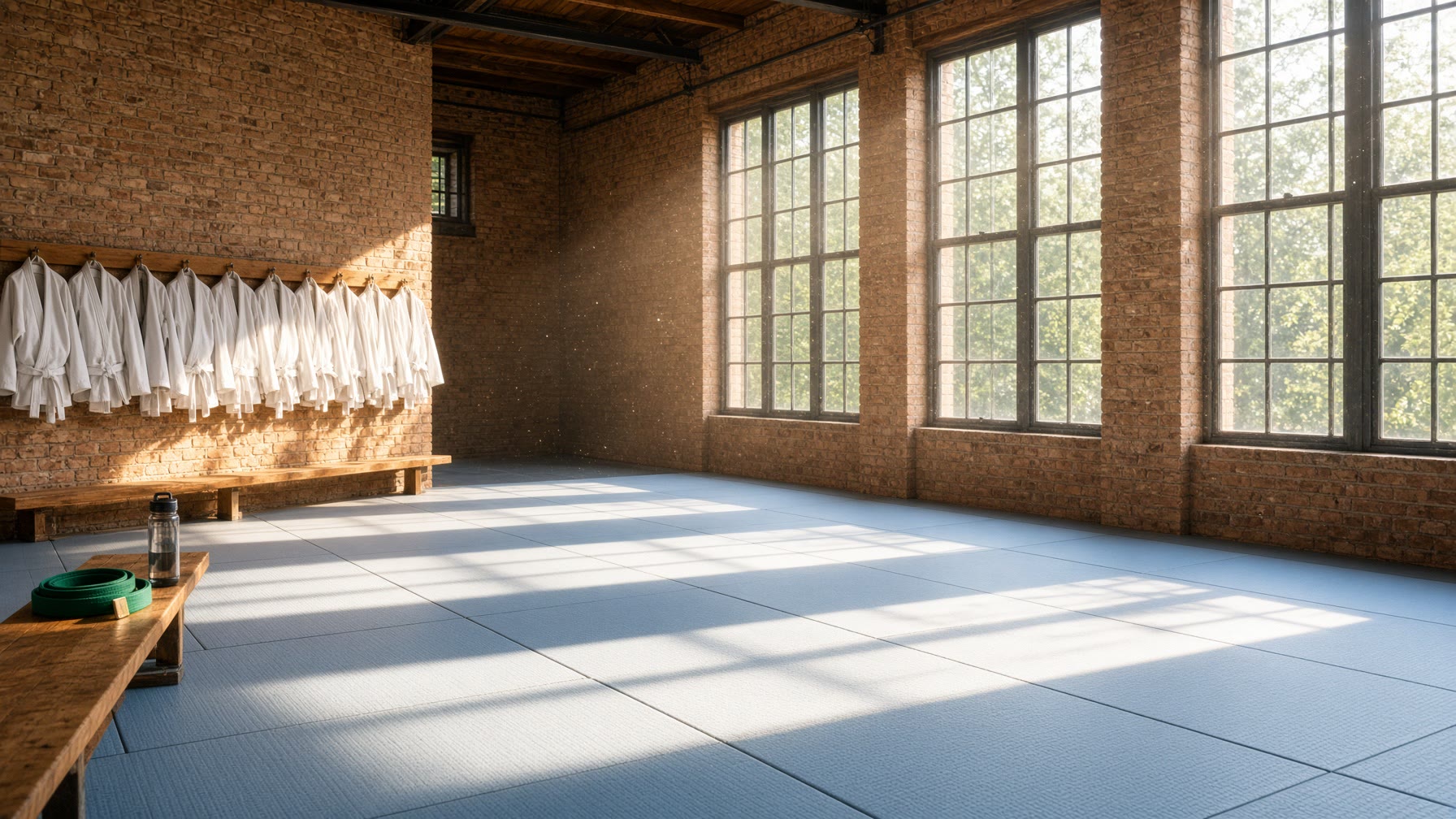 Sunlit jiu-jitsu academy, morning light across empty mats