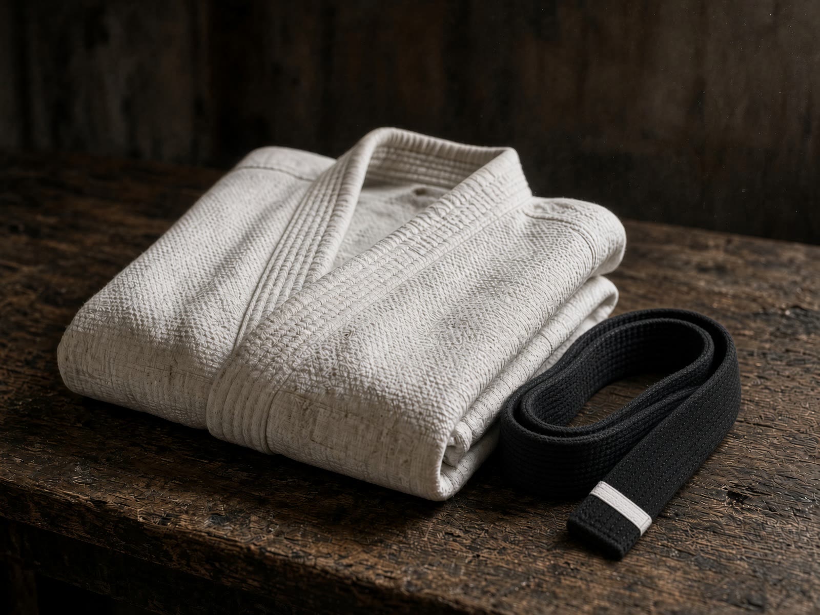A folded white gi and a black belt on worn wood